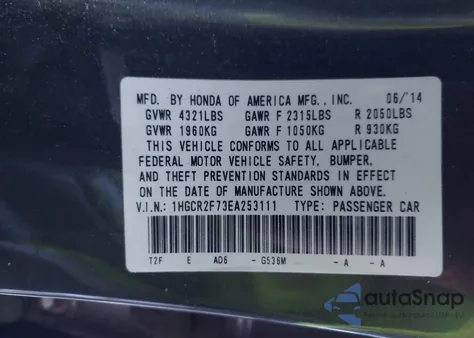 2014 Honda Accord Ex z USA, uszkodzony, nr VIN 1HGCR2F73EA253111